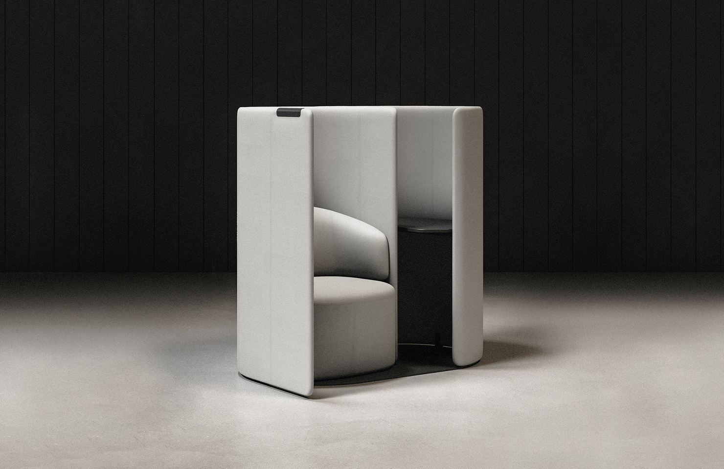 Modern white work pod on a dark background